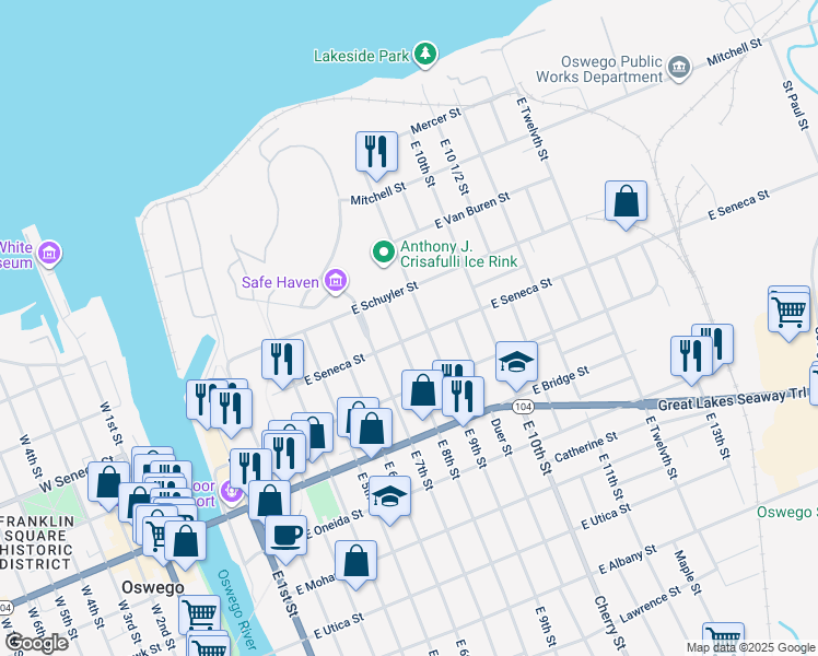 map of restaurants, bars, coffee shops, grocery stores, and more near 97 East Seneca Street in Oswego