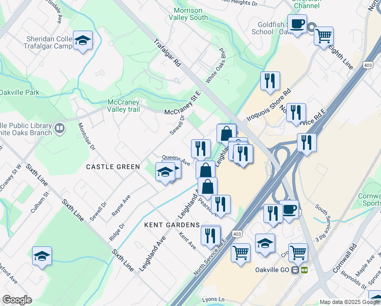 map of restaurants, bars, coffee shops, grocery stores, and more near 1157 Queens Avenue in Oakville
