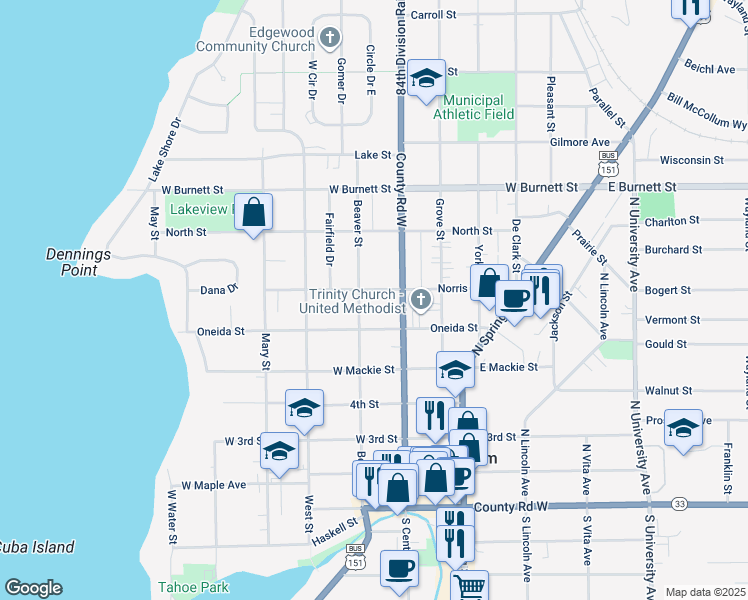 map of restaurants, bars, coffee shops, grocery stores, and more near 415 Norris Street in Beaver Dam
