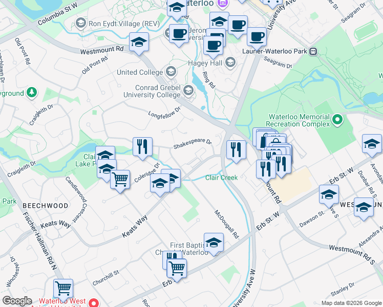 map of restaurants, bars, coffee shops, grocery stores, and more near 250 Keats Way in Waterloo