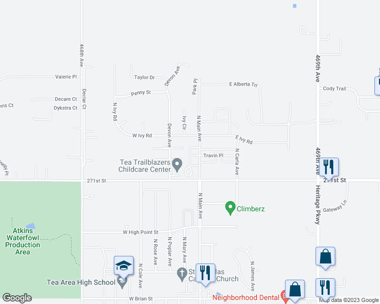 map of restaurants, bars, coffee shops, grocery stores, and more near 700 Haley Place in Tea