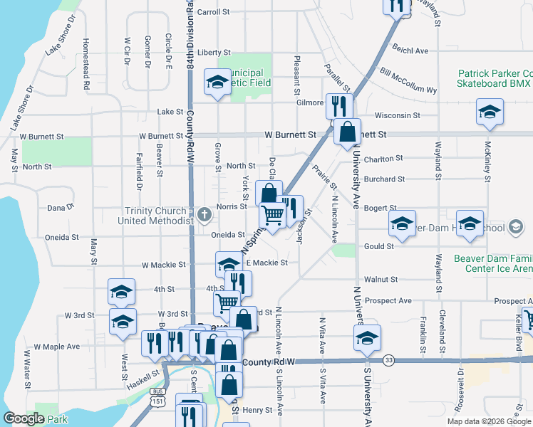 map of restaurants, bars, coffee shops, grocery stores, and more near 716 North Spring Street in Beaver Dam