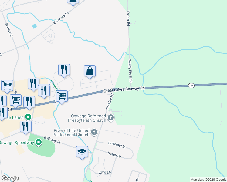 map of restaurants, bars, coffee shops, grocery stores, and more near 5362 City Line Rd in Oswego