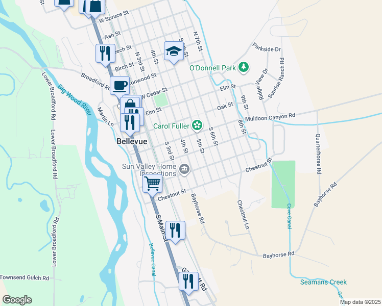 map of restaurants, bars, coffee shops, grocery stores, and more near Poplar Street in Bellevue