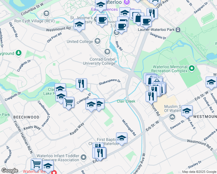 map of restaurants, bars, coffee shops, grocery stores, and more near 88 McDougall Road in Waterloo