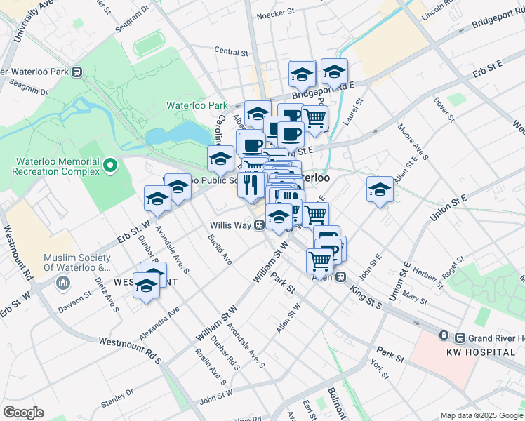 map of restaurants, bars, coffee shops, grocery stores, and more near 75 King Street South in Waterloo