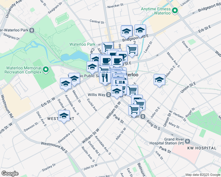map of restaurants, bars, coffee shops, grocery stores, and more near 85 Willis Way in Waterloo