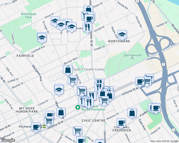 map of restaurants, bars, coffee shops, grocery stores, and more near 109 Waterloo Regional Road 29 in Kitchener
