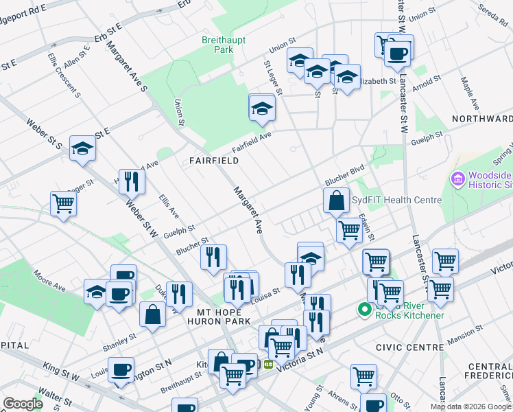 map of restaurants, bars, coffee shops, grocery stores, and more near 173 Blucher Street in Kitchener