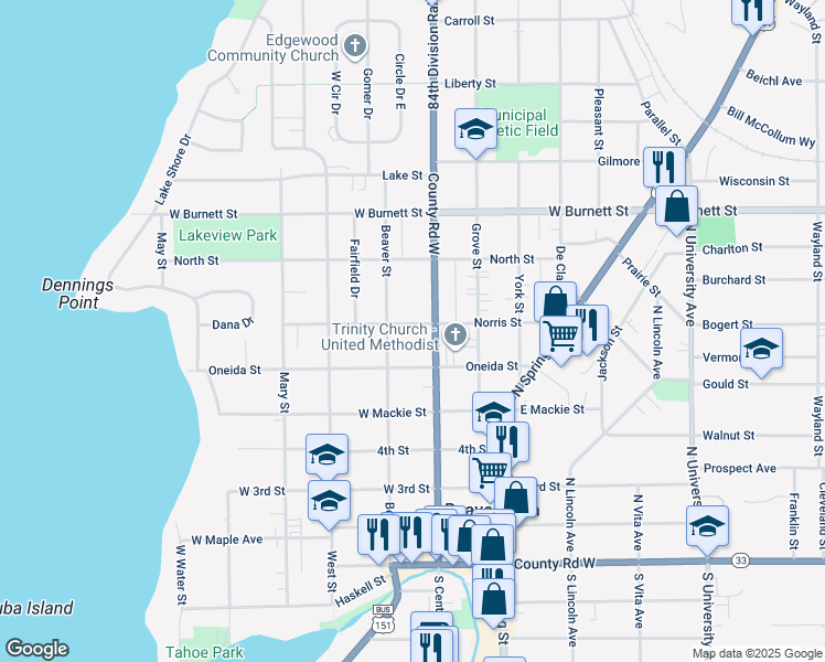 map of restaurants, bars, coffee shops, grocery stores, and more near 415 Norris Street in Beaver Dam