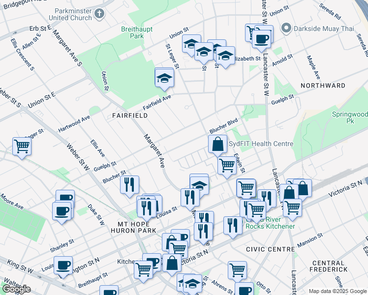 map of restaurants, bars, coffee shops, grocery stores, and more near 215 Blucher Street in Kitchener