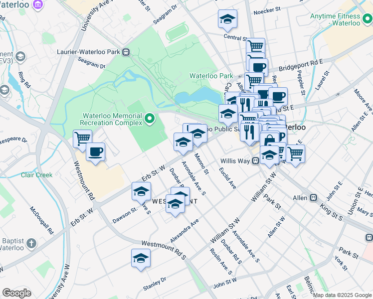 map of restaurants, bars, coffee shops, grocery stores, and more near 116 Erb Street West in Waterloo