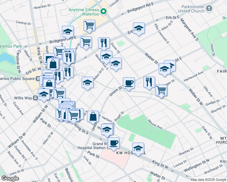map of restaurants, bars, coffee shops, grocery stores, and more near 96 Union St E in Waterloo