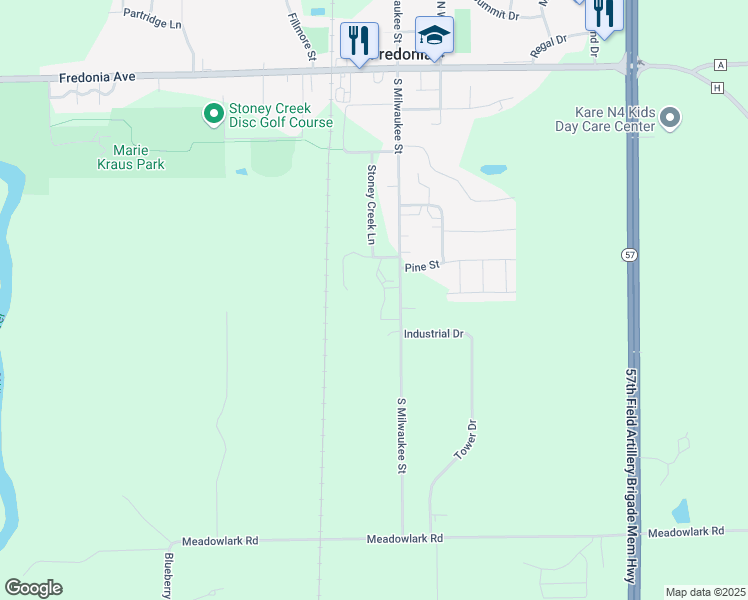 map of restaurants, bars, coffee shops, grocery stores, and more near 443 South Milwaukee Street in Fredonia