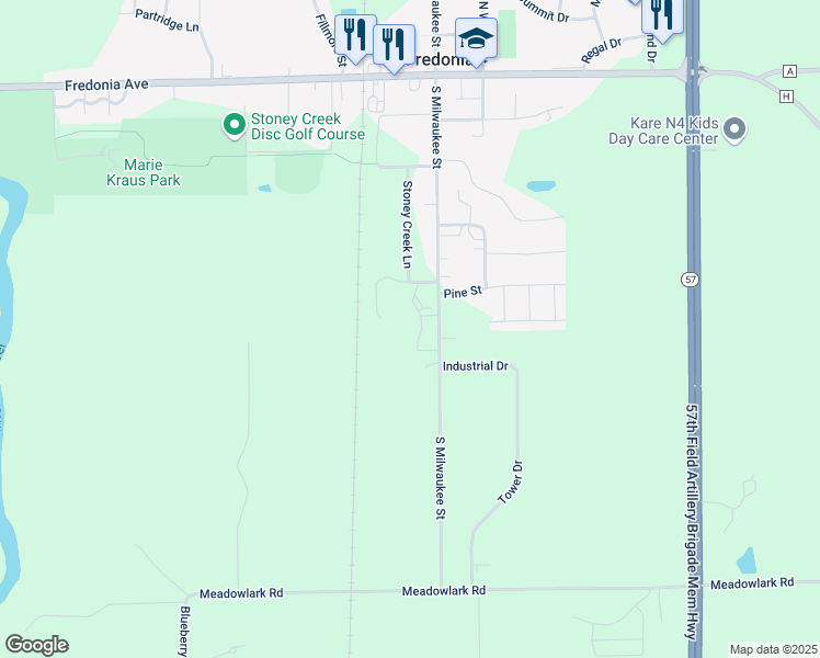 map of restaurants, bars, coffee shops, grocery stores, and more near 443 South Milwaukee Street in Fredonia