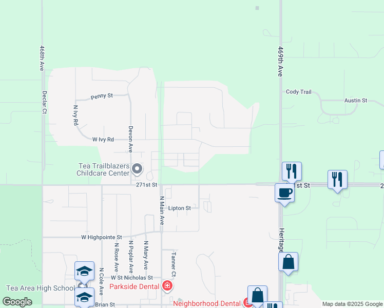 map of restaurants, bars, coffee shops, grocery stores, and more near 101 West Ivy Road in Tea