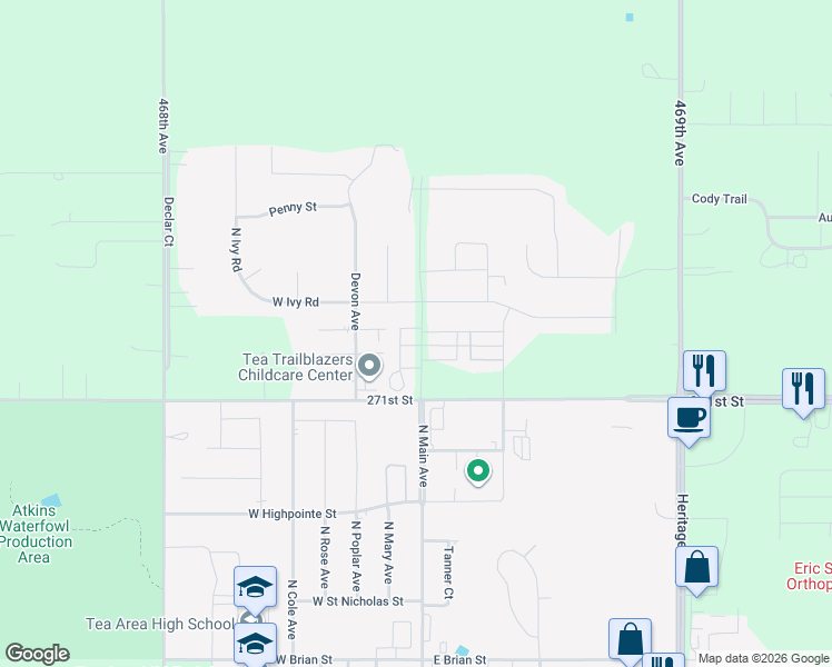map of restaurants, bars, coffee shops, grocery stores, and more near 101-107 Travin Place in Tea
