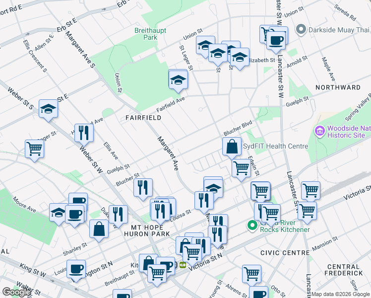 map of restaurants, bars, coffee shops, grocery stores, and more near 173 Blucher Street in Kitchener