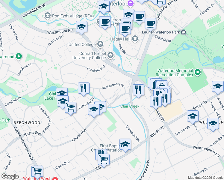 map of restaurants, bars, coffee shops, grocery stores, and more near 250 Keats Way in Waterloo