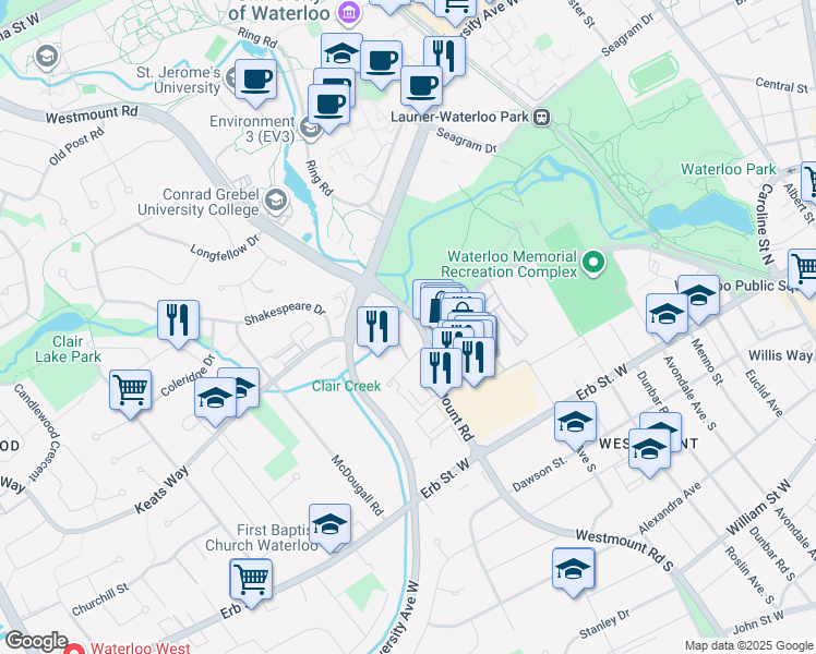 map of restaurants, bars, coffee shops, grocery stores, and more near 91 Westmount Road North in Waterloo