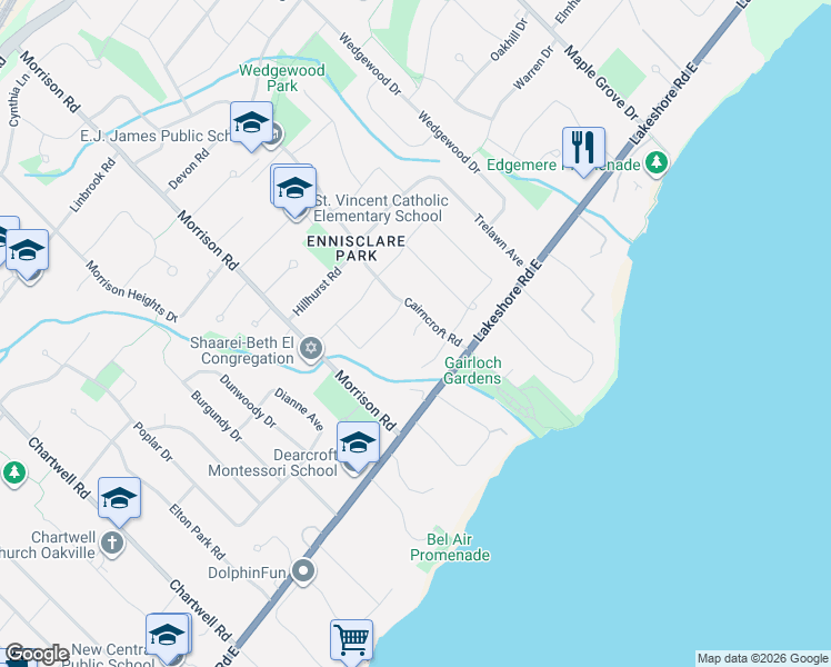 map of restaurants, bars, coffee shops, grocery stores, and more near 142 Abbey Court in Oakville