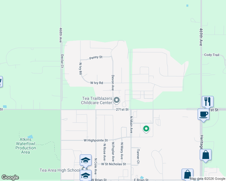 map of restaurants, bars, coffee shops, grocery stores, and more near 302 Scott Place in Tea