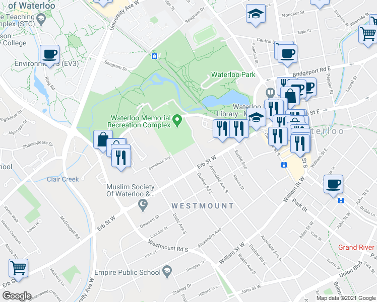 map of restaurants, bars, coffee shops, grocery stores, and more near 15 Dunbar Road North in Waterloo