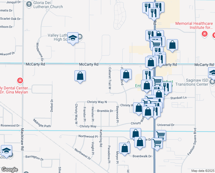 map of restaurants, bars, coffee shops, grocery stores, and more near 3804 Cabaret Trail West in Saginaw