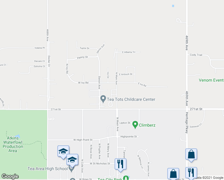 map of restaurants, bars, coffee shops, grocery stores, and more near 101-107 Travin Place in Tea