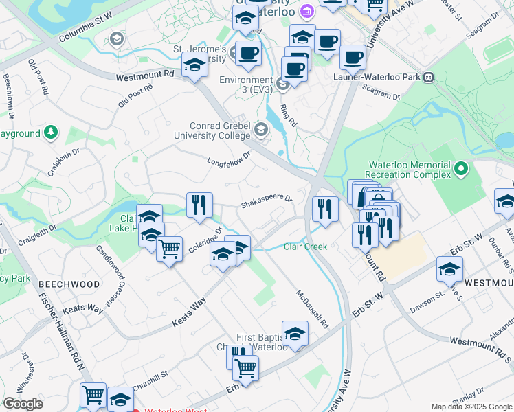map of restaurants, bars, coffee shops, grocery stores, and more near 227 Shakespeare Drive in Waterloo