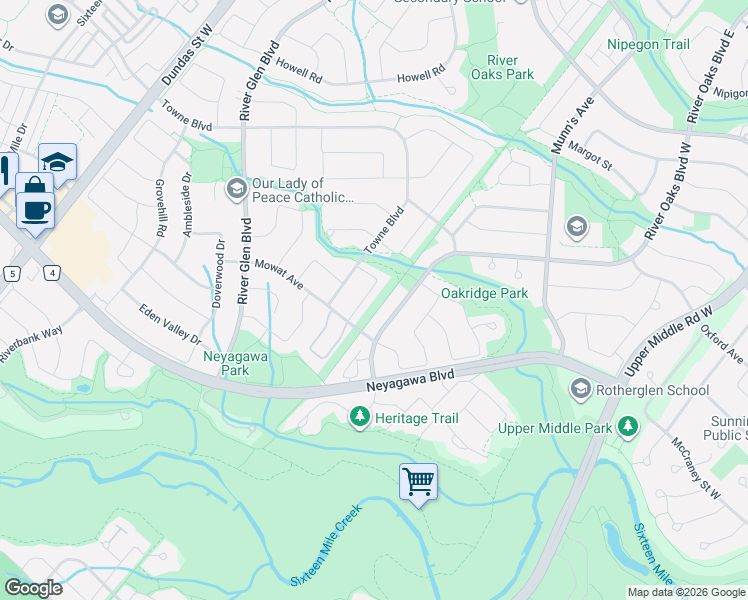 map of restaurants, bars, coffee shops, grocery stores, and more near 400 Carrier Lane in Oakville