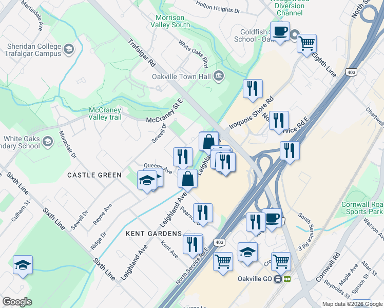 map of restaurants, bars, coffee shops, grocery stores, and more near 1100 Queens Avenue in Oakville