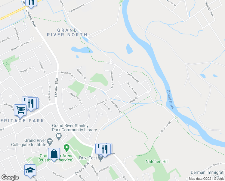 map of restaurants, bars, coffee shops, grocery stores, and more near 24 Stanmore Avenue in Kitchener