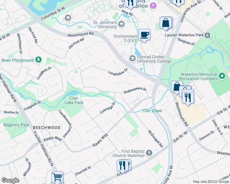 map of restaurants, bars, coffee shops, grocery stores, and more near Shakespeare Drive in Waterloo