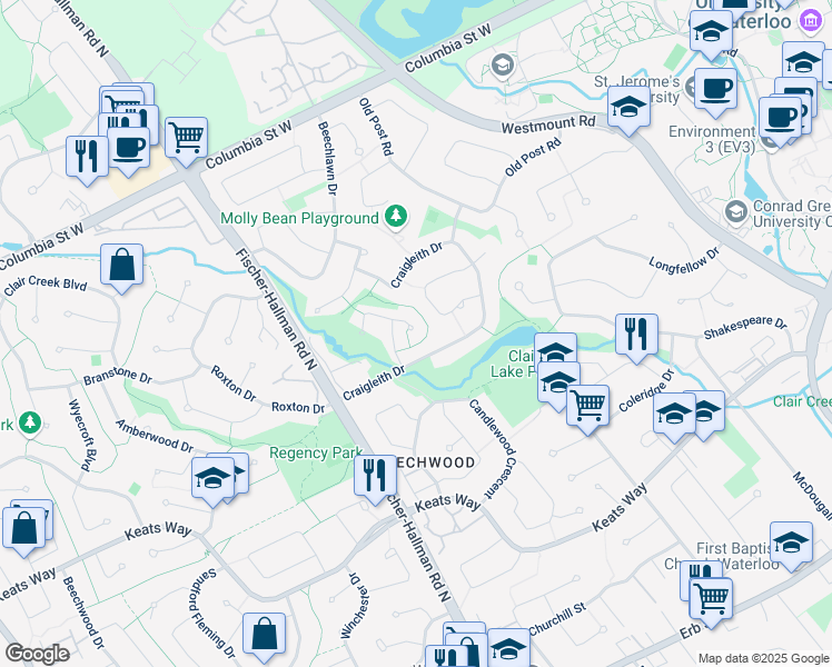 map of restaurants, bars, coffee shops, grocery stores, and more near 212 Tatlock Court in Waterloo