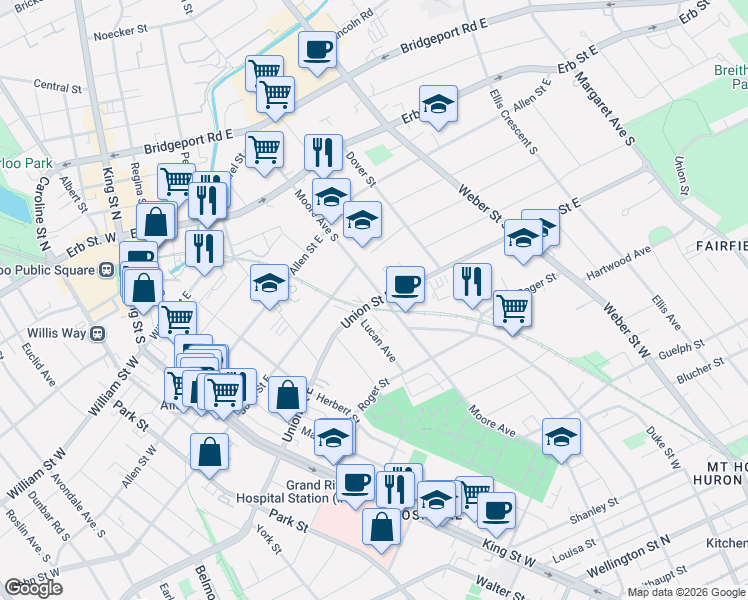 map of restaurants, bars, coffee shops, grocery stores, and more near 127 Moore Avenue South in Waterloo