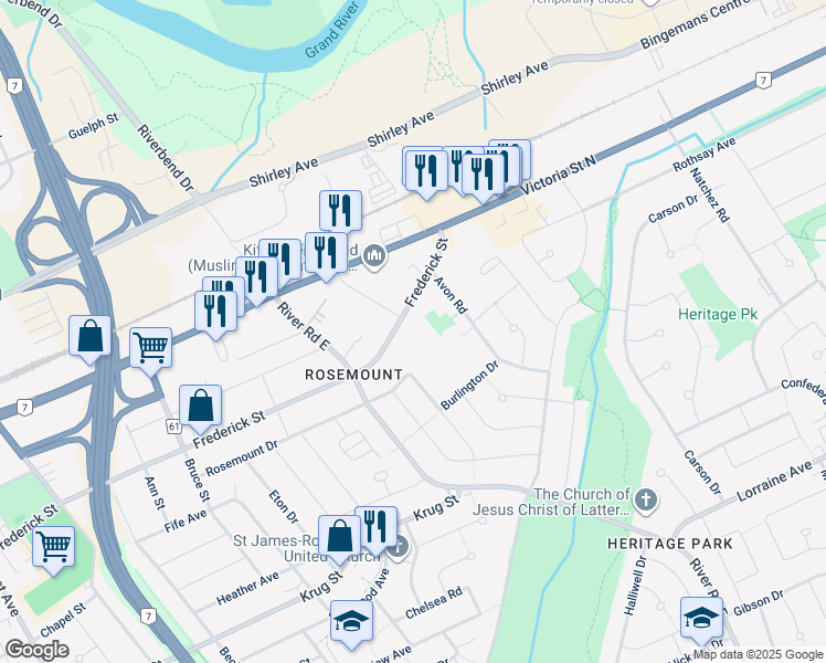 map of restaurants, bars, coffee shops, grocery stores, and more near 807 Frederick Street in Kitchener