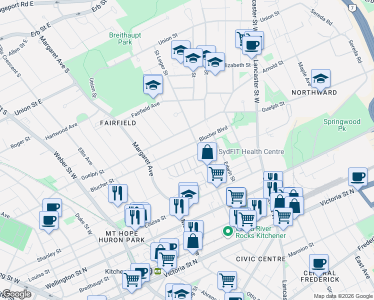 map of restaurants, bars, coffee shops, grocery stores, and more near 16 Beatrice Lane in Kitchener