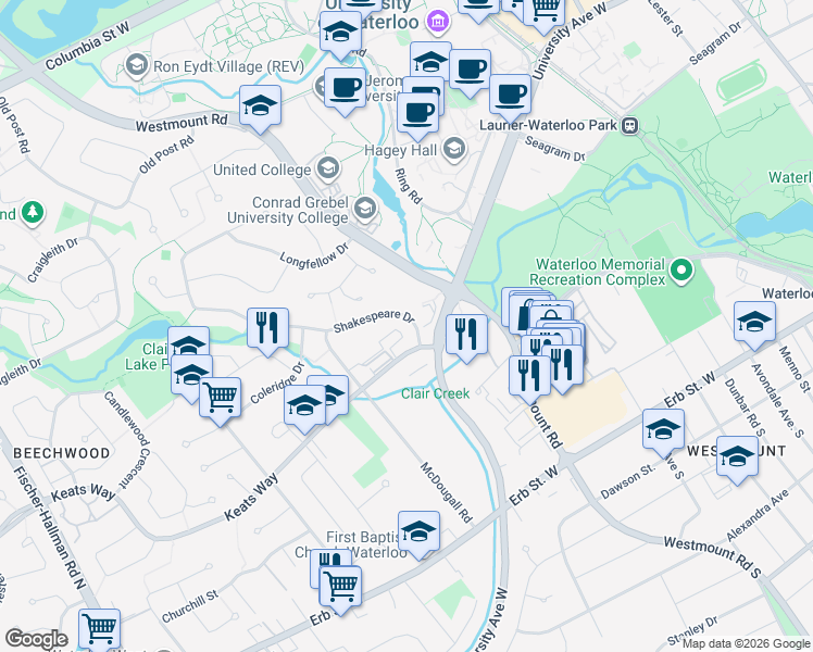 map of restaurants, bars, coffee shops, grocery stores, and more near 250 Keats Way in Waterloo