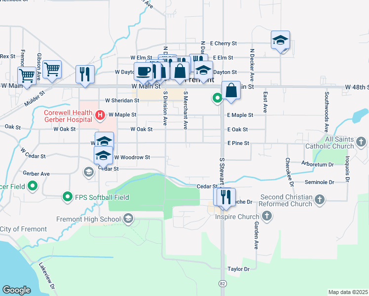 map of restaurants, bars, coffee shops, grocery stores, and more near 430 South Division Avenue in Fremont