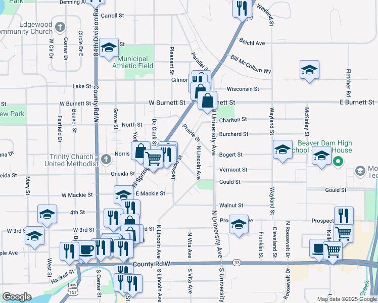map of restaurants, bars, coffee shops, grocery stores, and more near 218 East Main Street in Beaver Dam