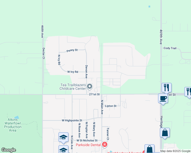 map of restaurants, bars, coffee shops, grocery stores, and more near 101-107 Travin Place in Tea