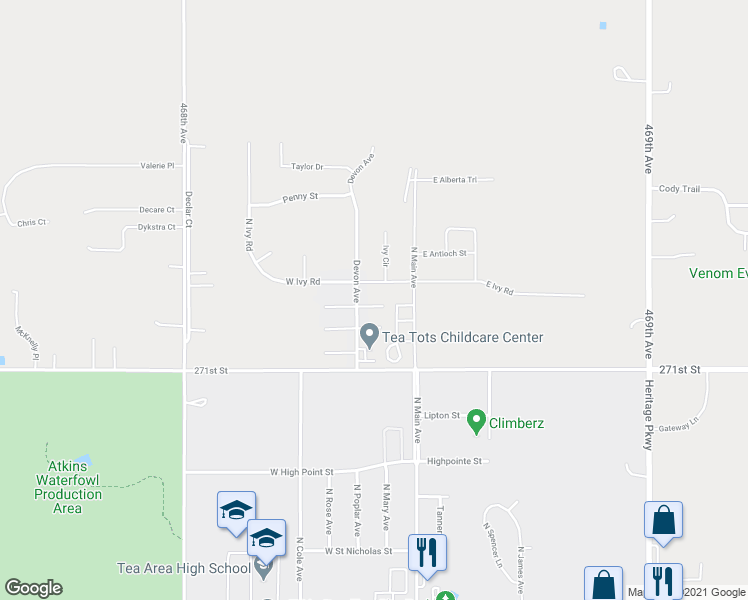 map of restaurants, bars, coffee shops, grocery stores, and more near 210 Jerry Place in Tea
