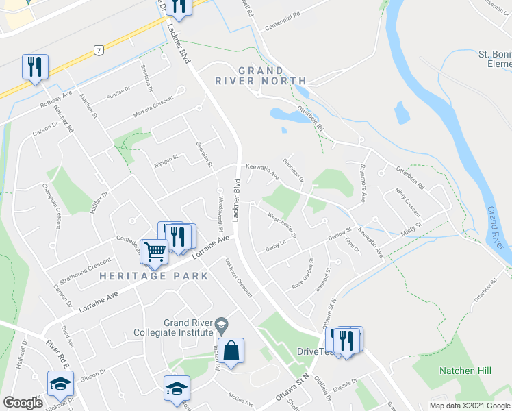 map of restaurants, bars, coffee shops, grocery stores, and more near 145 Westchester Drive in Kitchener