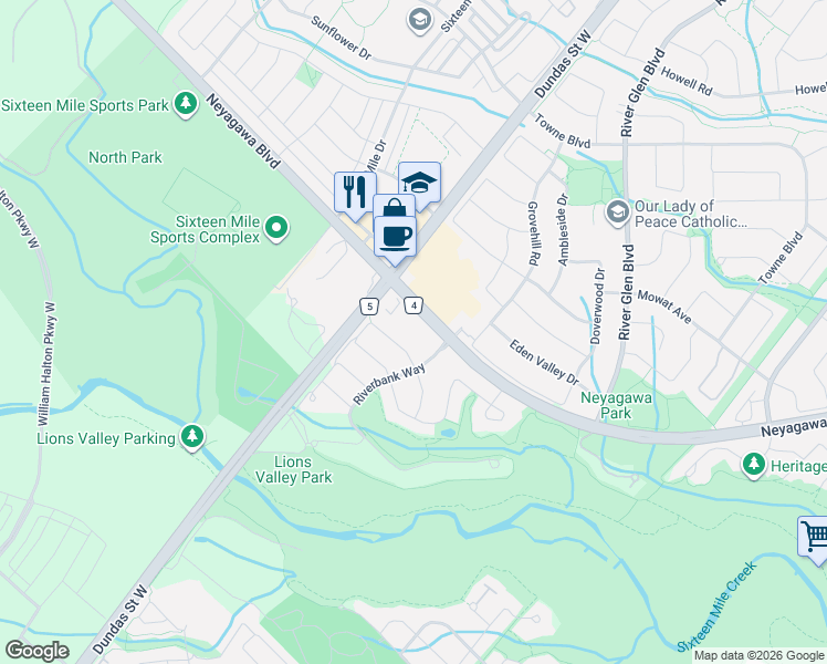 map of restaurants, bars, coffee shops, grocery stores, and more near 2460 Neyagawa Boulevard in Oakville