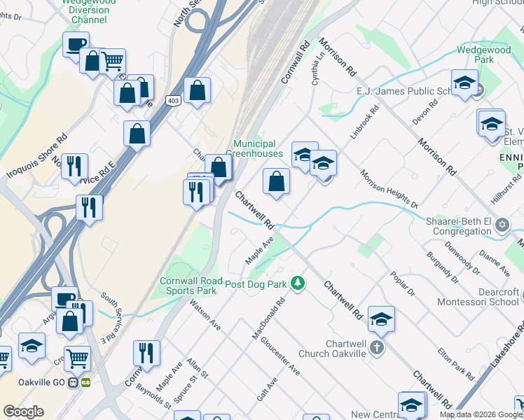 map of restaurants, bars, coffee shops, grocery stores, and more near 446 Chartwell Road in Oakville