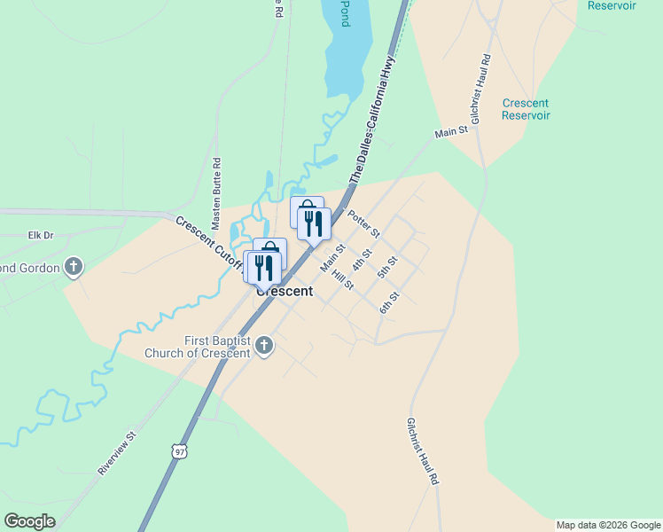 map of restaurants, bars, coffee shops, grocery stores, and more near 136727 Main Street in Crescent