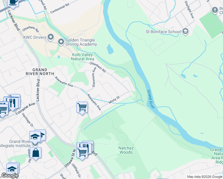 map of restaurants, bars, coffee shops, grocery stores, and more near 325 Misty Crescent in Kitchener