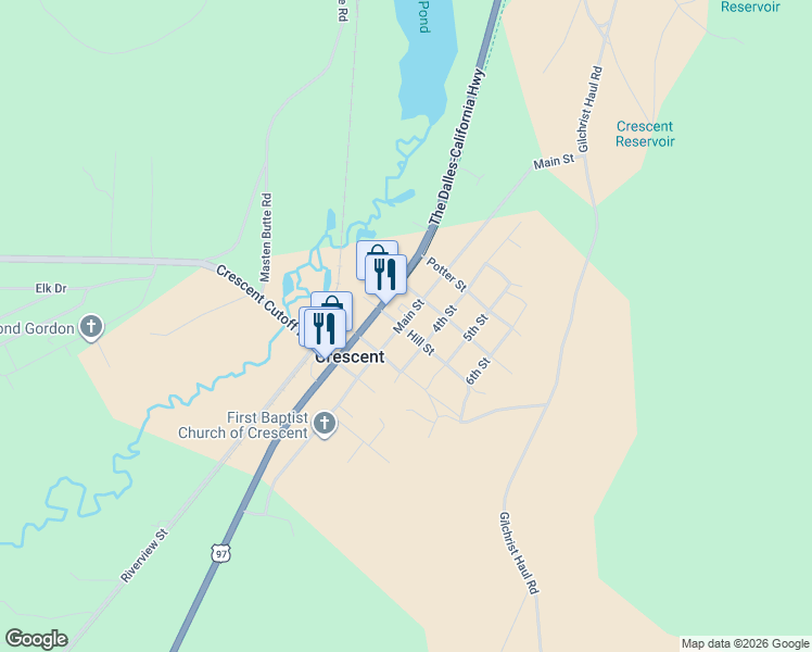 map of restaurants, bars, coffee shops, grocery stores, and more near 136727 Main Street in Crescent