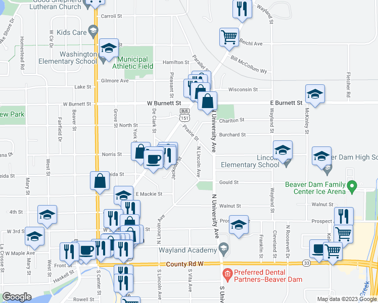 map of restaurants, bars, coffee shops, grocery stores, and more near 315 Jackson Street in Beaver Dam